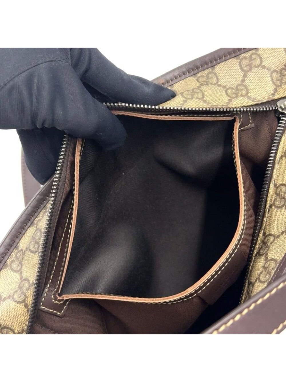 Gucci GG Supreme Leather Canvas Khaki Beige Dark Brown Tote Bag Silver - Picture 14 of 15